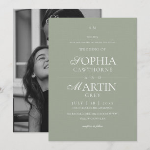 Sage Green Modern Minimal Wedding Photo Invitation