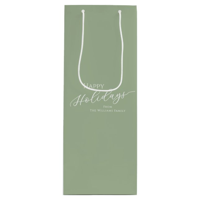 Sage Green Modern Minimalist Happy Holidays Wine Gift Bag (Front)