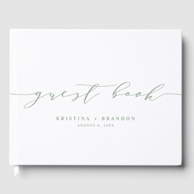 Sage Green Modern Minimalist Script Photo Wedding Guest Book (Front)
