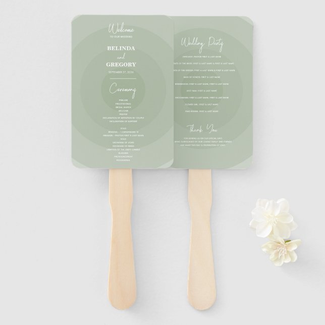 Sage Green Modern Monogram Wedding Program Hand Fan (Front and Back)