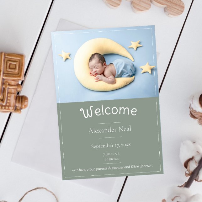 Sage Green Modern Photo Birth Announcement (Sage Green Modern Photo Birth Announcement)