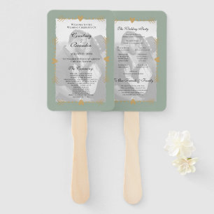 Sage Green Modern Photo Gold Heart Wedding Program Hand Fan