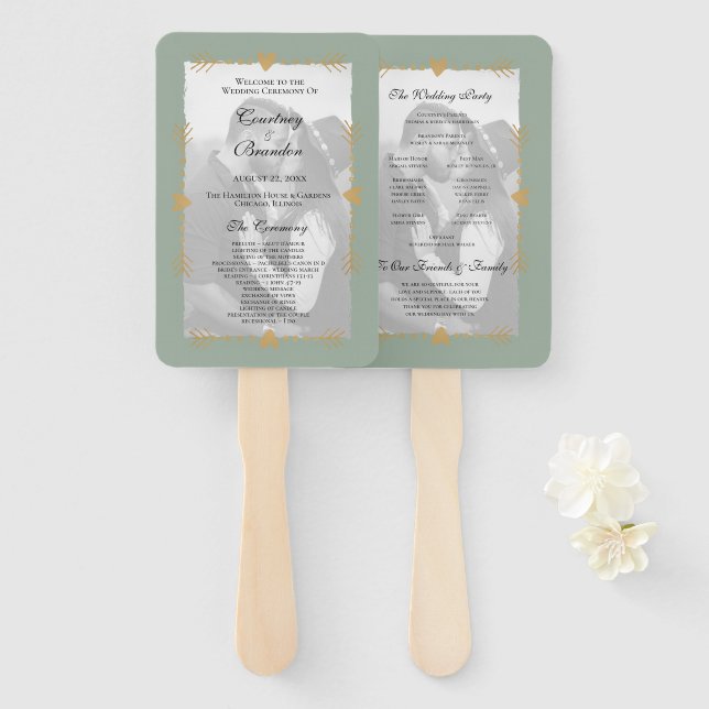 Sage Green Modern Photo Gold Heart Wedding Program Hand Fan (Front and Back)