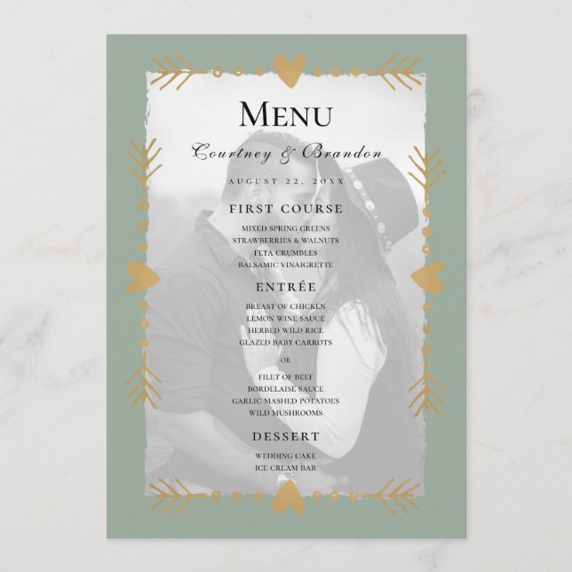 Sage Green Modern Photo Gold Hearts Wedding Menu (Front)