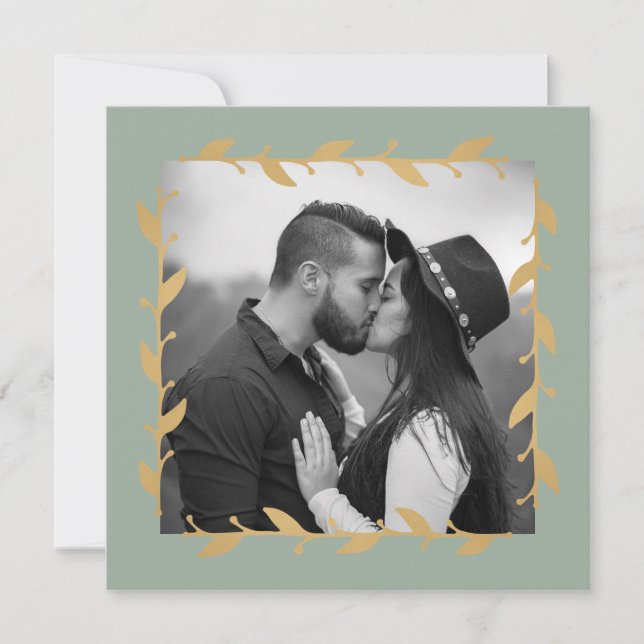 Sage Green Modern Photo Gold Leaves Wedding Invitation (Front)