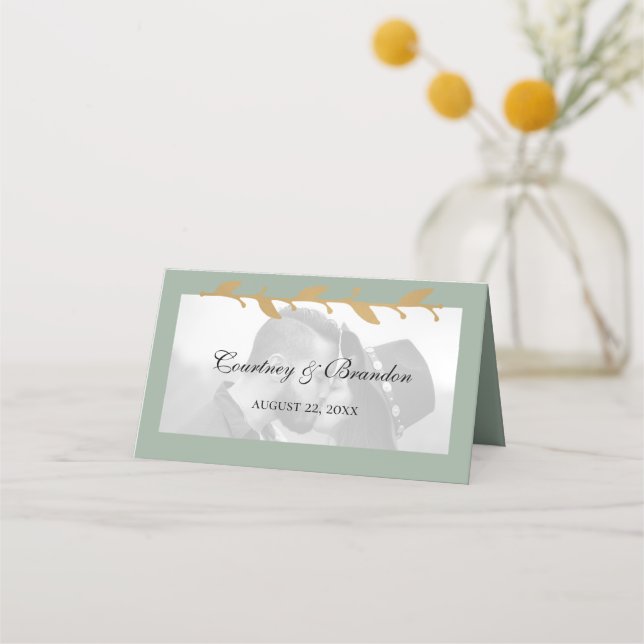 Sage Green Modern Photo Gold Leaves Wedding Place Card (Front)