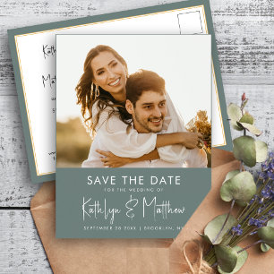 Sage Green Modern Photo Minimalist Wedding Save Th Announcement Postcard
