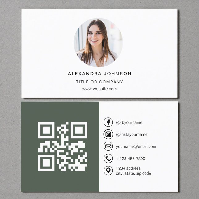 Sage Green Modern Photo with QR Code Social Media Business Card (Creator Uploaded)