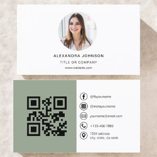 Sage Green Modern Photo with QR Code Social Media Business Card
