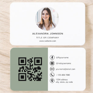 Sage Green Modern Photo with QR Code Social Media Business Card