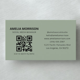 Sage Green Modern QR Code Minimalist Professional Business Card