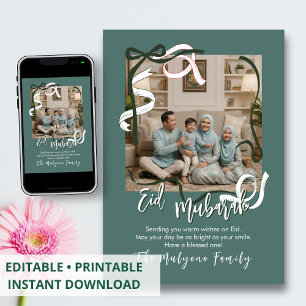 Sage Green Modern Ribbon Family Photo Eid Mubarak Holiday Card