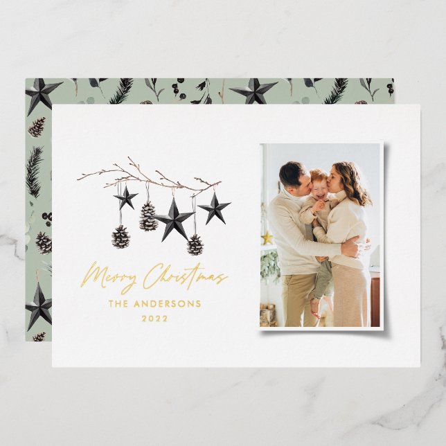  sage green modern scandi script Christmas photo  (Front/Back)
