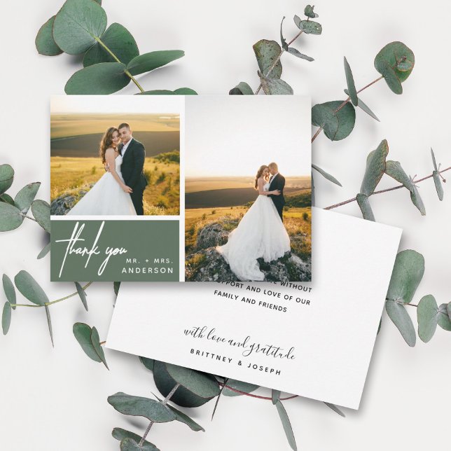 Sage Green Modern Script 2 Photo Wedding Thank You (Two photo hand lettered thank you wedding card with a minimalistic design perfect for any couple.)
