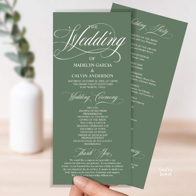 Sage Green Modern Script All In One Wedding Programme (Modern Script All In One Wedding Program Card in Sage Green)