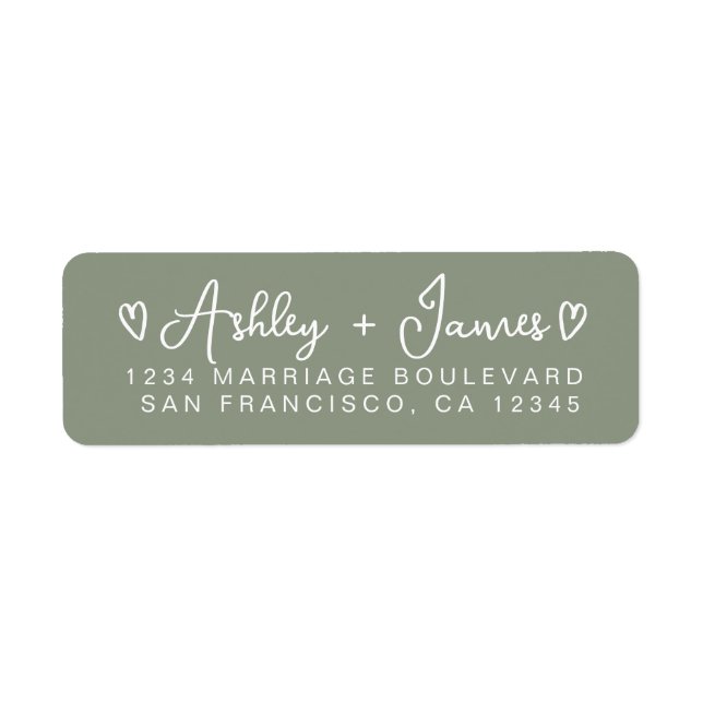 Sage Green Modern Script Hearts Return Address (Front)