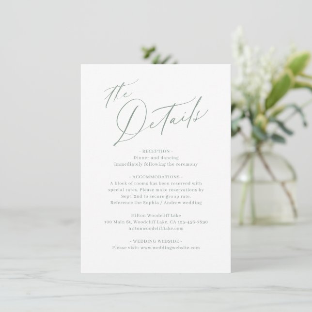 Sage Green modern script minimal wedding details Card (Standing Front)