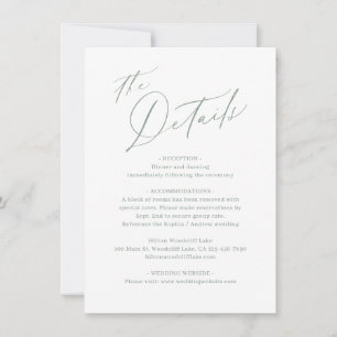 Sage Green modern script minimal wedding details Card