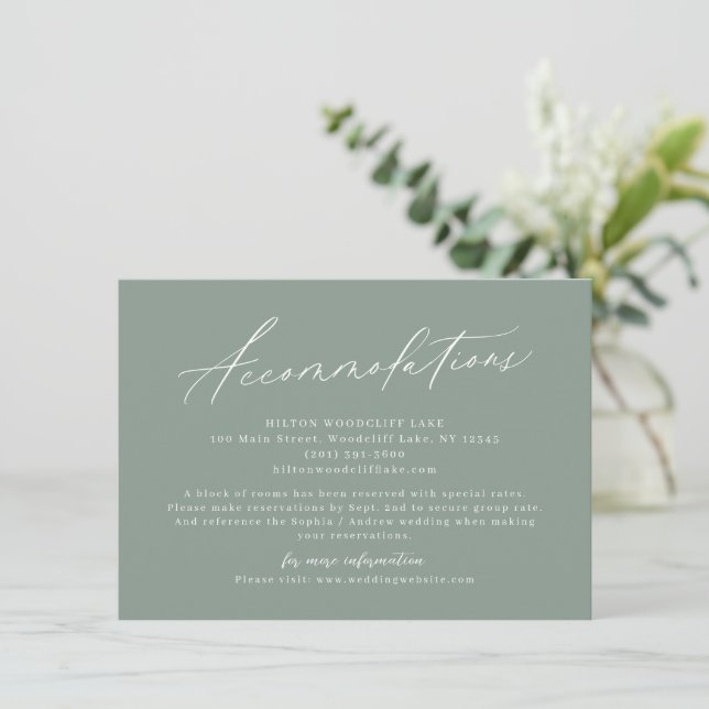 Sage Green modern script minimalist accommodation Card (Standing Front)