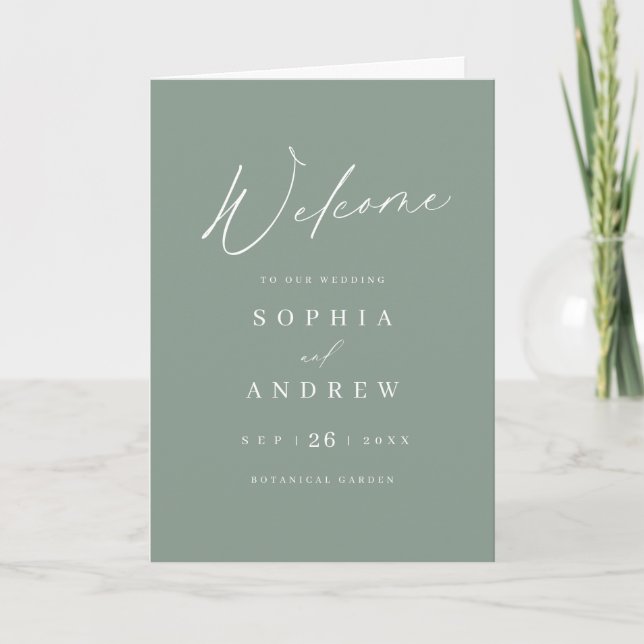 Sage Green modern script minimalist wedding Programme (Front)