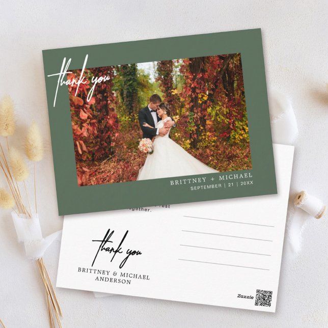 Sage Green Modern Script Photo Wedding Thank You Postcard (Creator Uploaded)