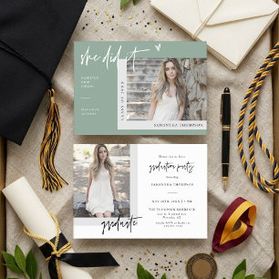 Sage Green Modern She Did It Grad Photo Invitation