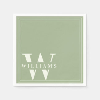 Sage Green Modern Split Monogram Last Name Napkin