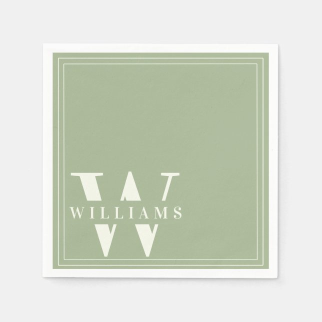Sage Green Modern Split Monogram Last Name Napkin (Front)