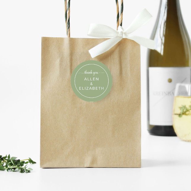 Sage Green Modern Thank You Card Wedding Favour Classic Round Sticker (Creator Uploaded)