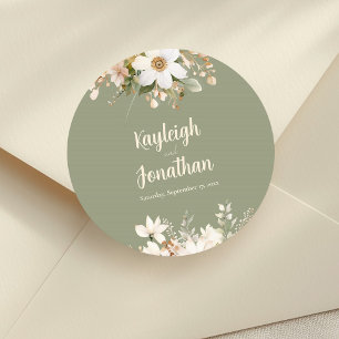 Sage Green Modern Watercolor Floral Wedding Classic Round Sticker