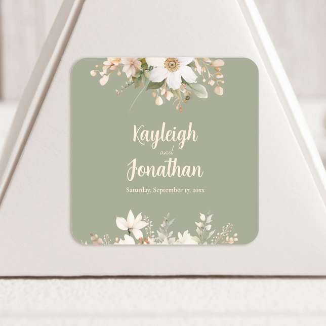 Sage Green Modern Watercolor Floral Wedding Square Sticker (Creator Uploaded)