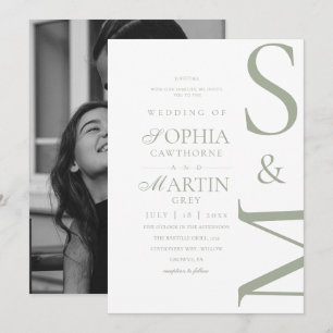Sage Green Modern Wedding Photo Invitation