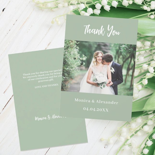 Sage green modern wedding photo thank you card (Creator Uploaded)