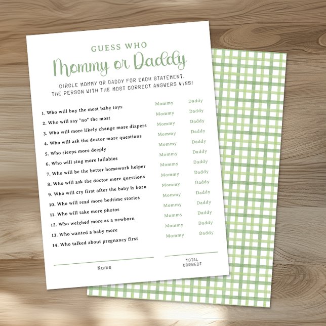 Sage Green Mommy or Daddy Baby Shower Game Card (Mommy & Daddy Game Sheet)
