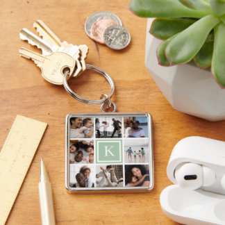 Sage Green Monogram 8 Photo Collage Key Ring