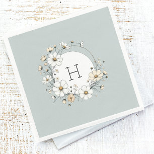 Sage Green Monogram Boho Flowers Personalised Napkin