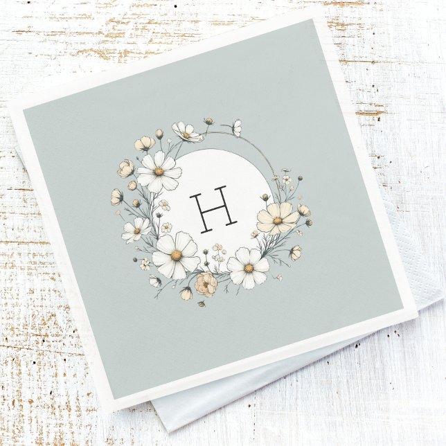 Sage Green Monogram Boho Flowers Personalised  Napkin (Creator Uploaded)