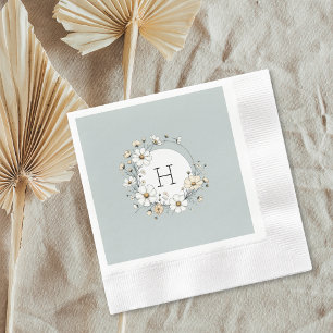 Sage Green Monogram Boho Flowers Personalised Napkin