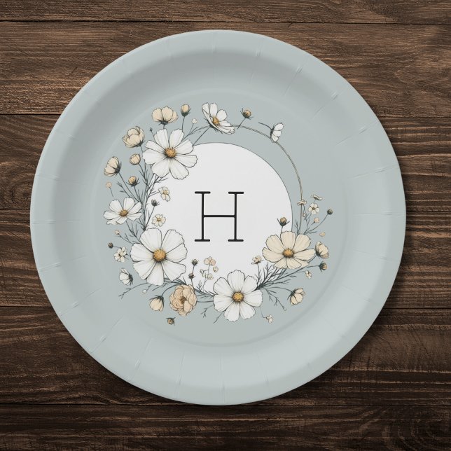 Sage Green Monogram Boho Flowers Personalised  Paper Plate (Creator Uploaded)