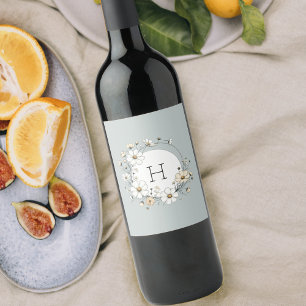 Sage Green Monogram Boho Flowers Personalised Wine Label