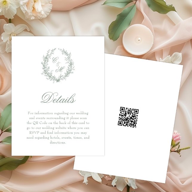 Sage Green Monogram Botanical Wreath Details Enclosure Card (Creator Uploaded)