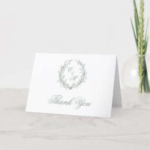 Sage Green Monogram Botanical Wreath Thank You Card