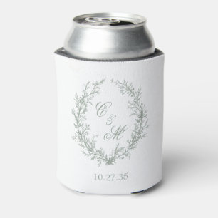 Sage Green Monogram Botanical Wreath Wedding Can Cooler