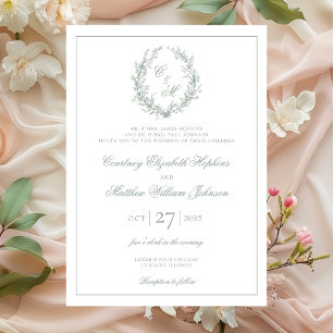 Sage Green Monogram Botanical Wreath Wedding Invitation
