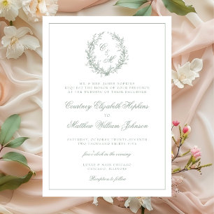 Sage Green Monogram Botanical Wreath Wedding Invitation