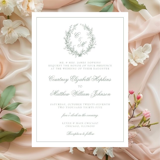 Sage Green Monogram Botanical Wreath Wedding Invitation (Creator Uploaded)