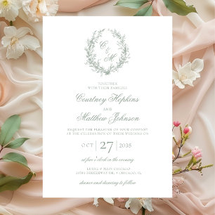 Sage Green Monogram Botanical Wreath Wedding Invitation