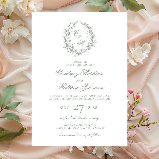Sage Green Monogram Botanical Wreath Wedding Invitation (Creator Uploaded)