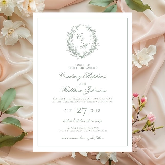 Sage Green Monogram Botanical Wreath Wedding Invitation (Creator Uploaded)