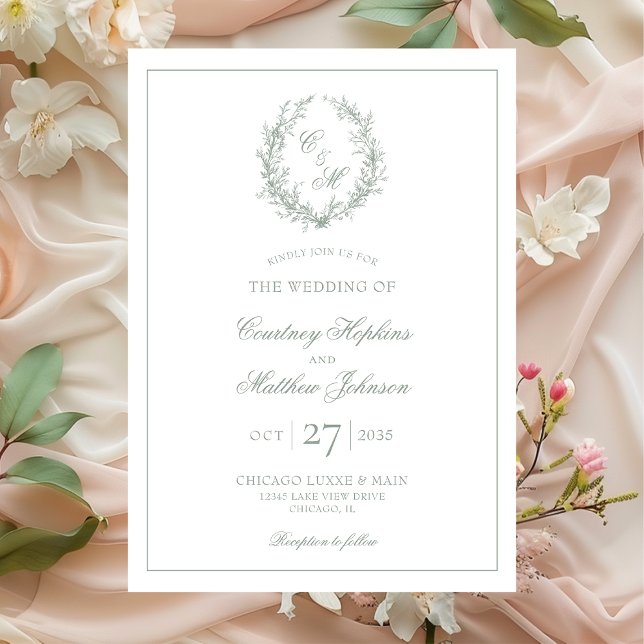 Sage Green Monogram Botanical Wreath Wedding Invitation (Creator Uploaded)